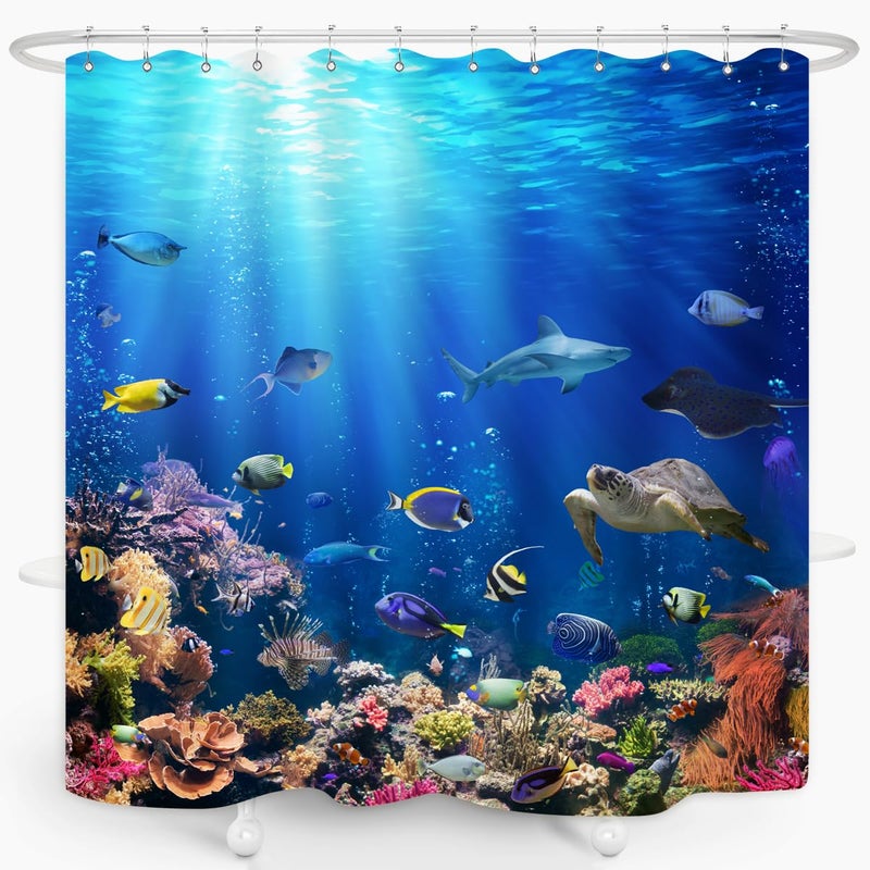 ZXMBF Ocean Underwater World Shower Curtain Colorful Tropical Fishes Turtle Coral in The Deep Sea Home DÃ©cor Waterproof Fabric 72Lx72W Inch Blue Plastic Hooks 12PCS - Image 3